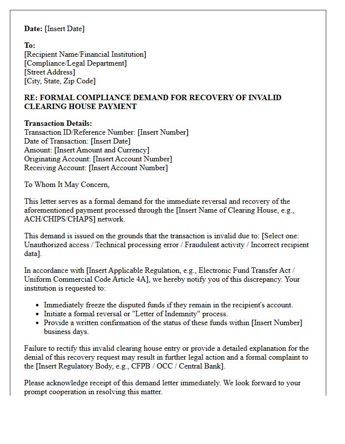 Compliance Demand Letter for Recovery of Invalid Clearing House Payment