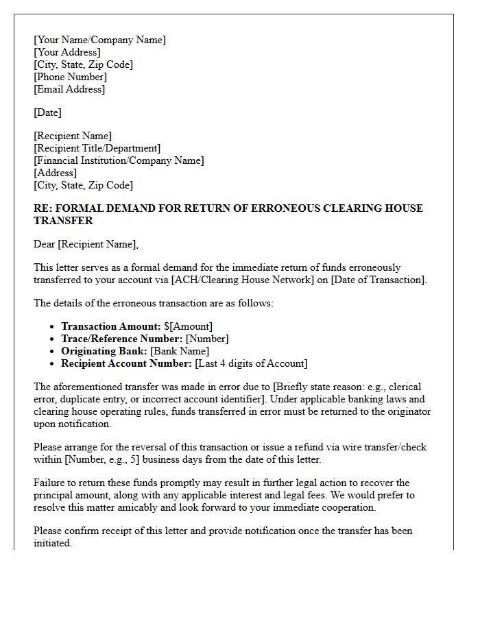 Demand Letter for Return of Erroneous Clearing House Funds