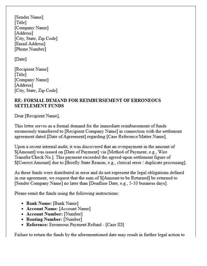 Executive Demand Letter for Reimbursement of Erroneous Settlement Funds