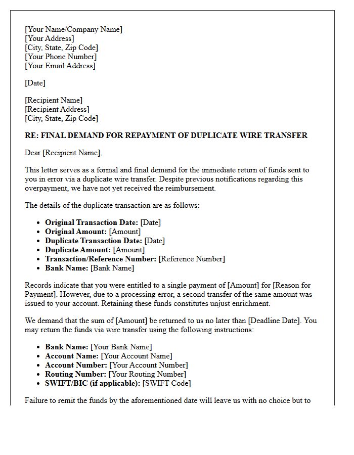 Final Demand Letter for Reversal of Duplicate Wire Transfer