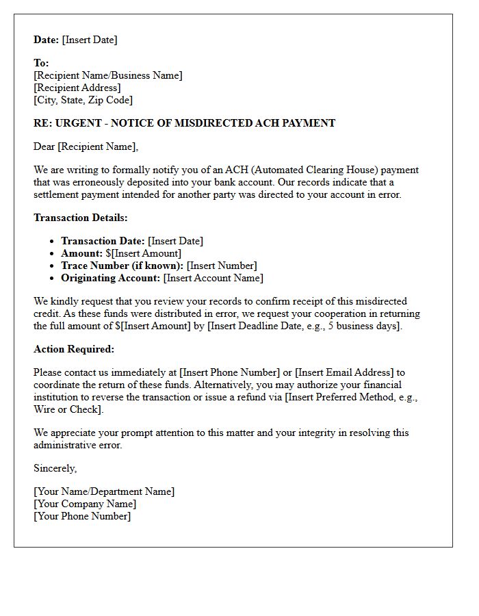 First Notice Letter for Recovery of Misdirected ACH Settlement