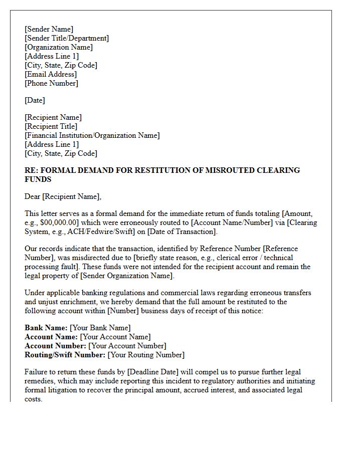 Formal Demand Letter for Restitution of Misrouted Clearing Funds