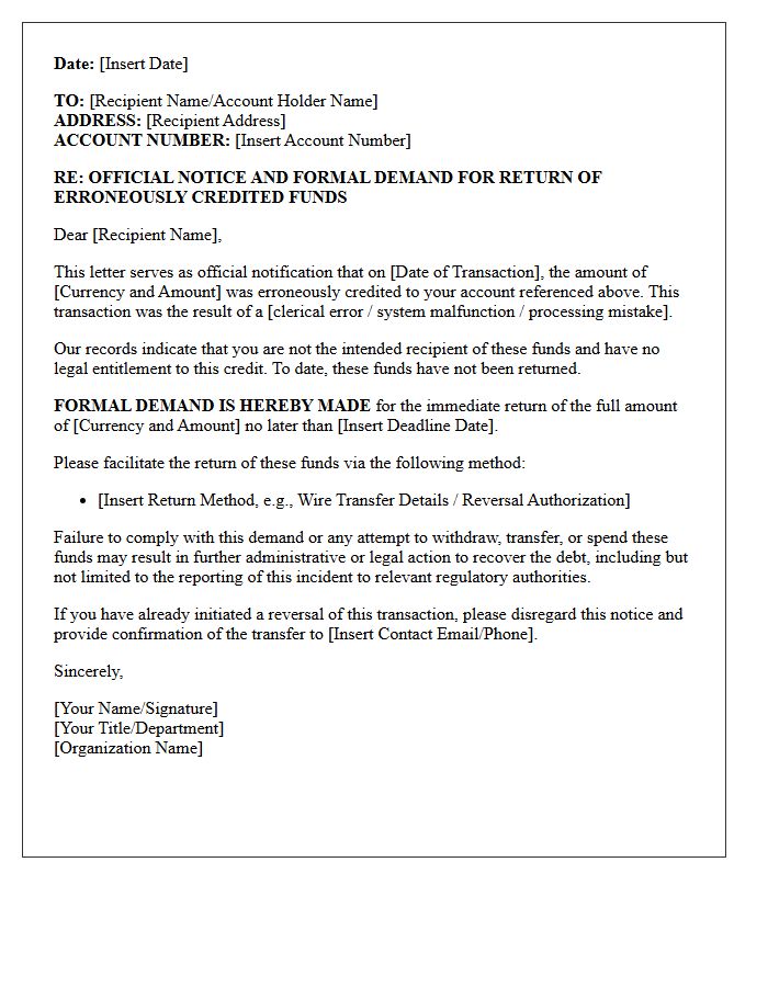 Official Notice and Demand Letter for Erroneously Credited Account