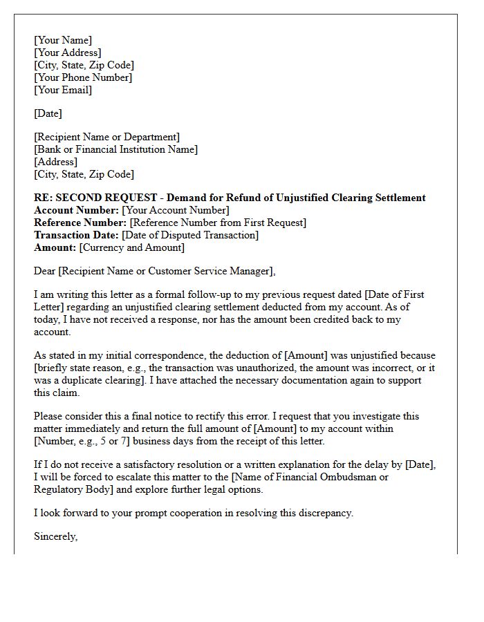 Second Request Letter for Return of Unjustified Clearing Settlement