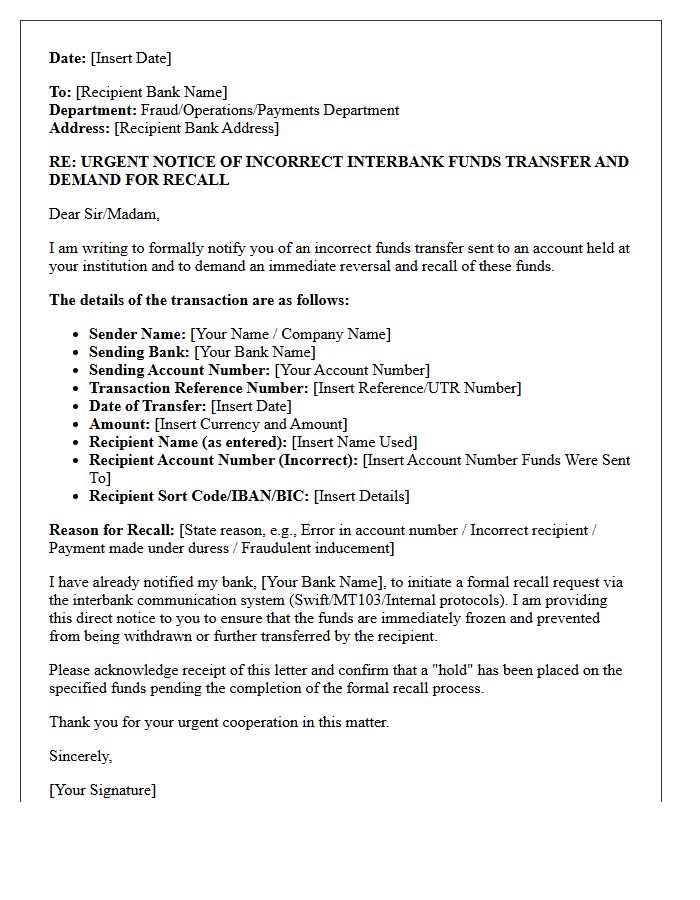 Urgent Letter of Demand for Recall of Incorrect Interbank Funds