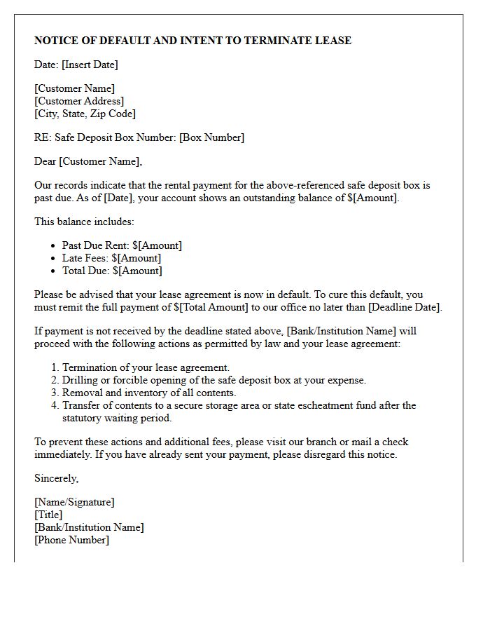 Default Notice Letter for Safe Deposit Box Unpaid Rent