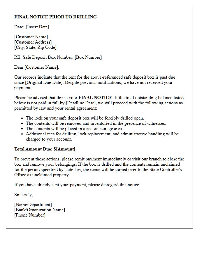 Final Notice Letter for Unpaid Safe Deposit Box Rent and Drilling