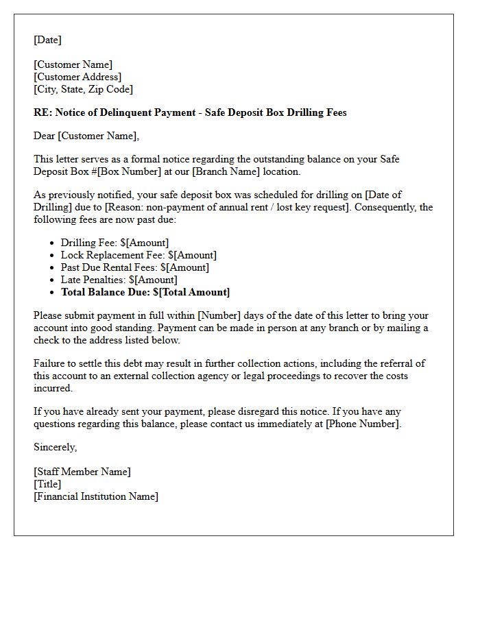Formal Collection Letter for Safe Deposit Box Drilling Fees