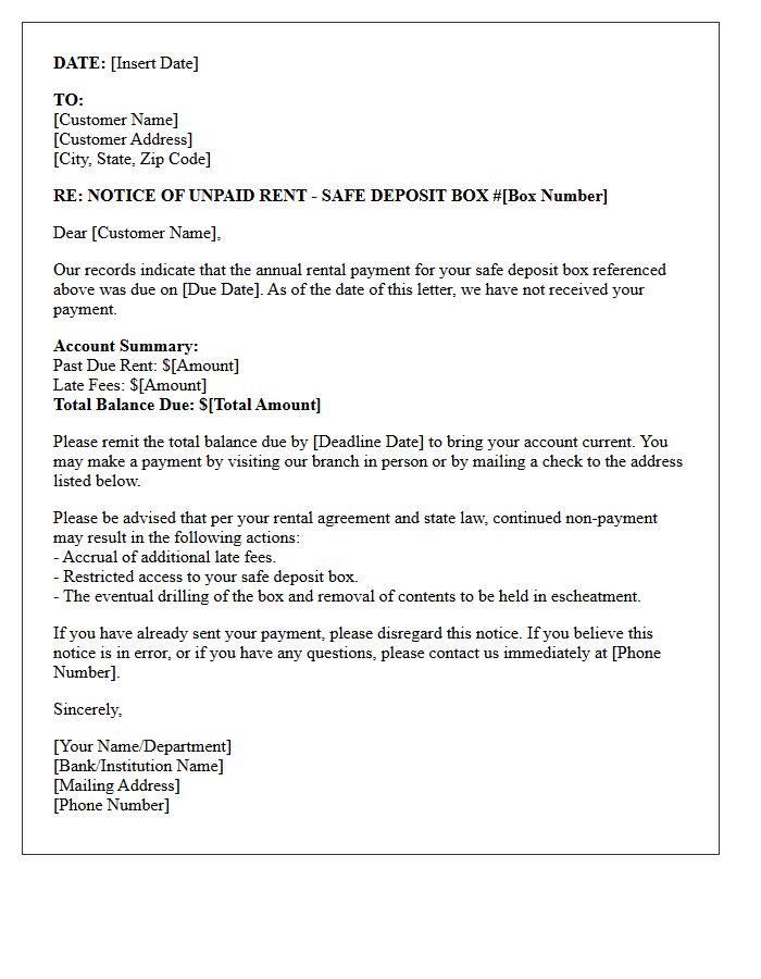 Initial Demand Letter for Safe Deposit Box Unpaid Rent
