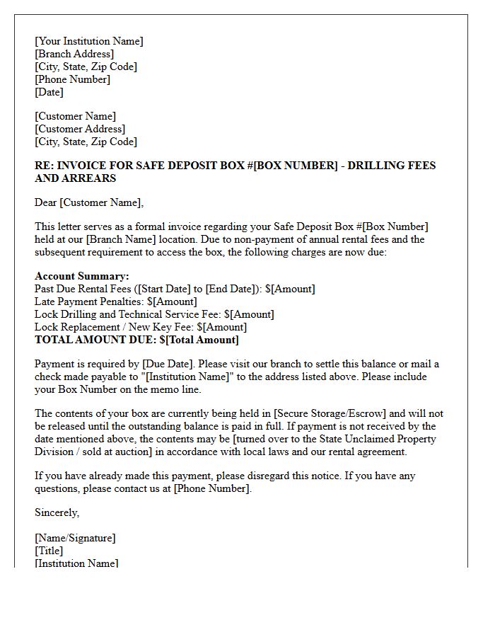 Invoice Letter for Safe Deposit Box Drilling Fees and Arrears