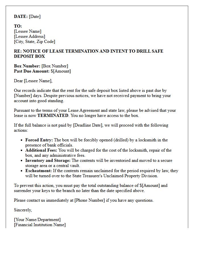 Lease Termination Letter for Unpaid Safe Deposit Box Rent and Forced Drilling