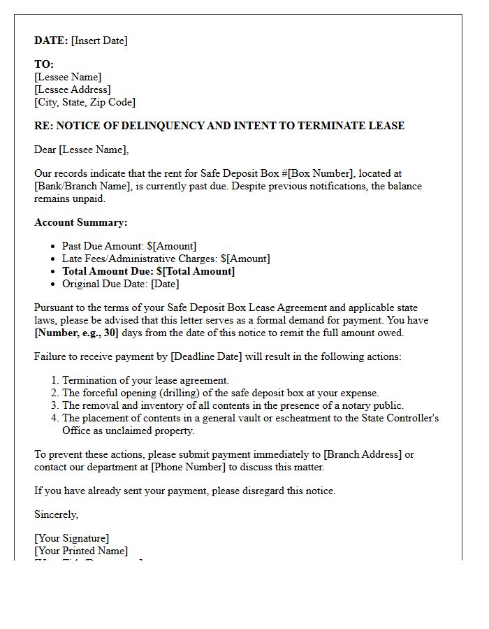 Legal Demand Letter for Delinquent Safe Deposit Box Rent