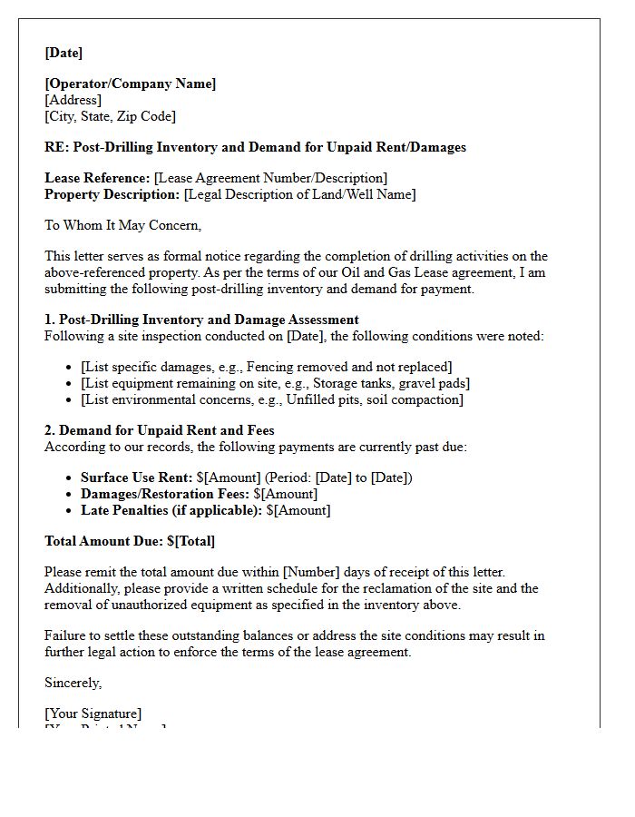 Post-Drilling Inventory Letter and Demand for Unpaid Rent