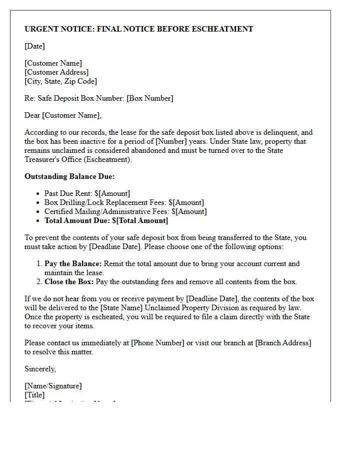 Pre-Escheatment Letter for Safe Deposit Box Rent and Drilling Costs