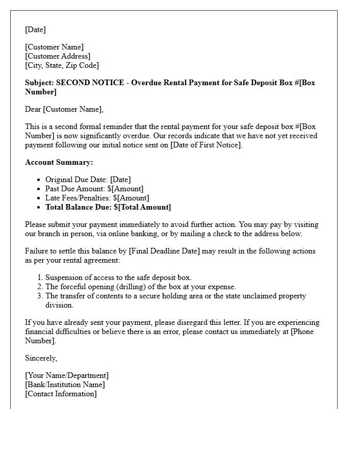 Second Warning Letter for Overdue Safe Deposit Box Rent