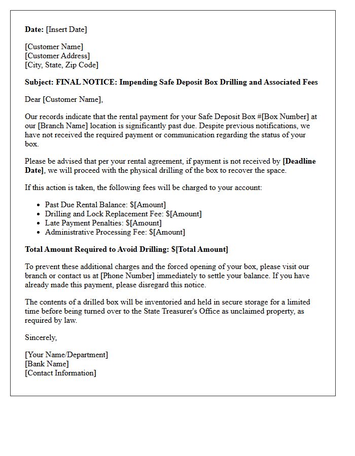Warning Letter Regarding Impending Safe Deposit Box Drilling Fees