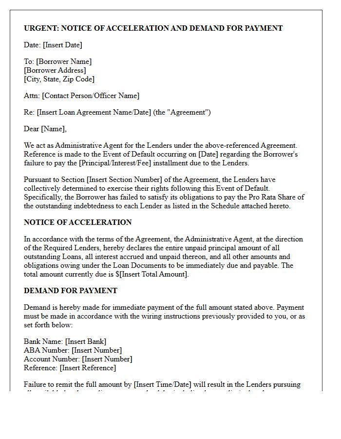 Acceleration and Demand Letter for Syndicated Loan Pro Rata Share Default