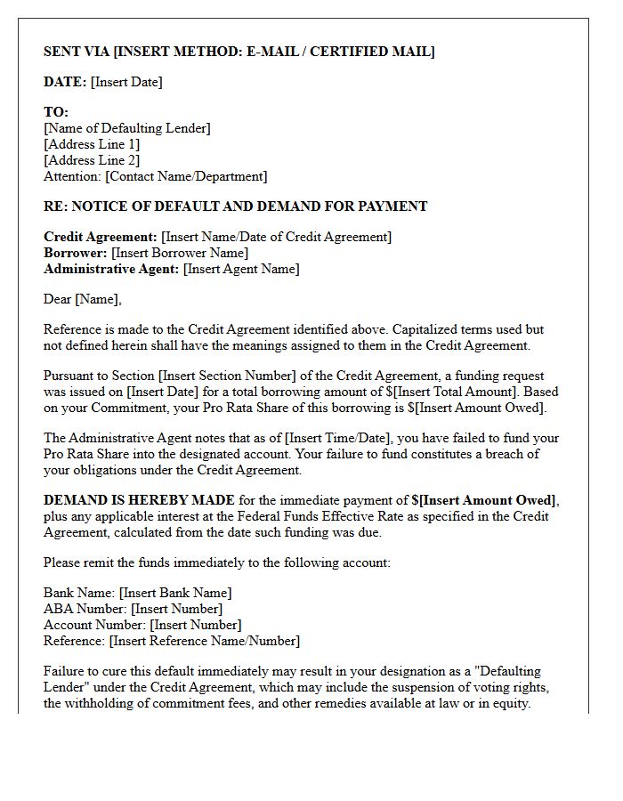 Administrative Agent Demand Letter for Pro Rata Share Default