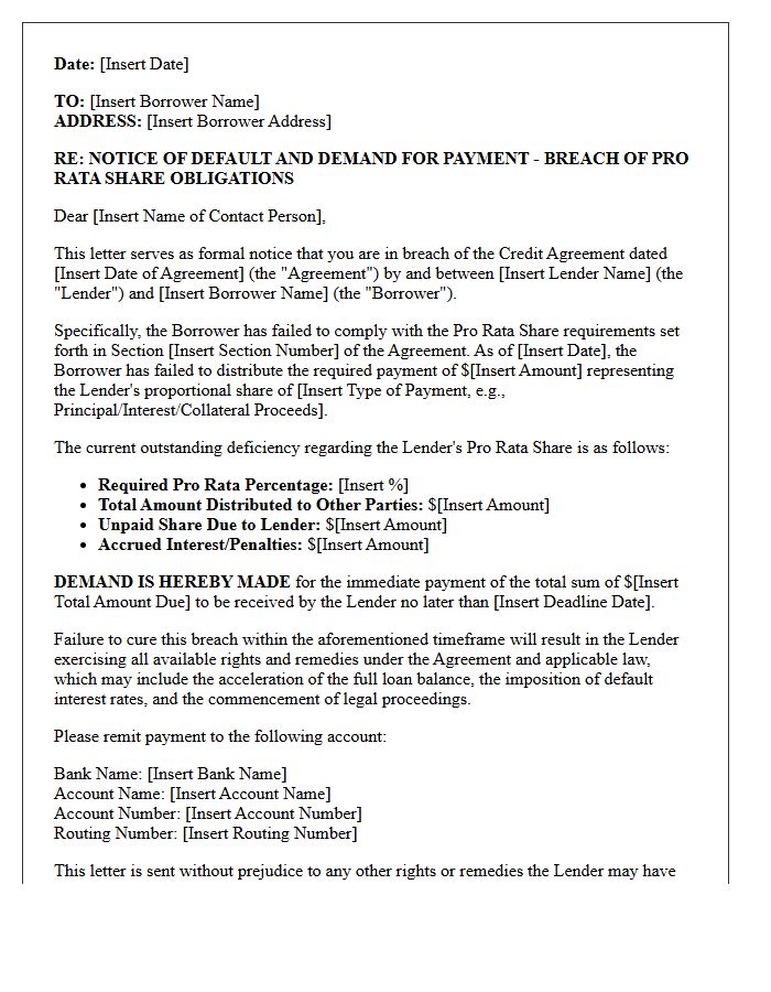 Breach of Credit Agreement Demand Letter for Pro Rata Share Default