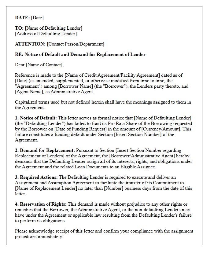 Defaulting Lender Replacement Demand Letter for Pro Rata Share Default