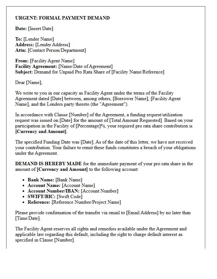 Facility Agent Payment Demand Letter for Pro Rata Share Default