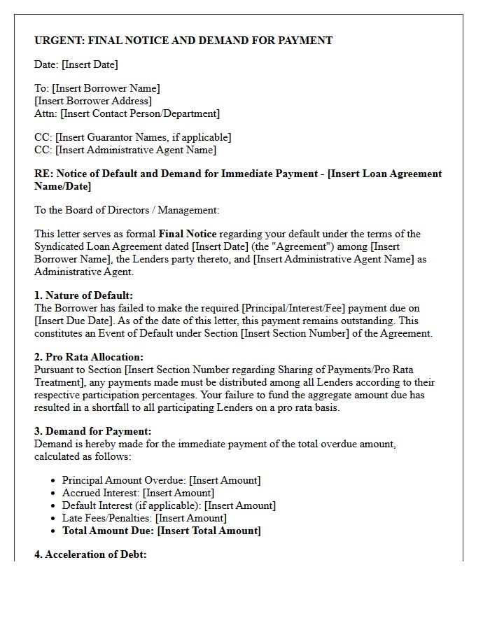 Final Notice and Demand Letter for Syndicated Loan Pro Rata Default