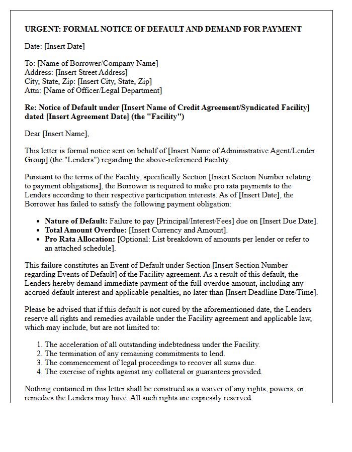 Formal Legal Demand Letter for Syndicated Facility Pro Rata Default