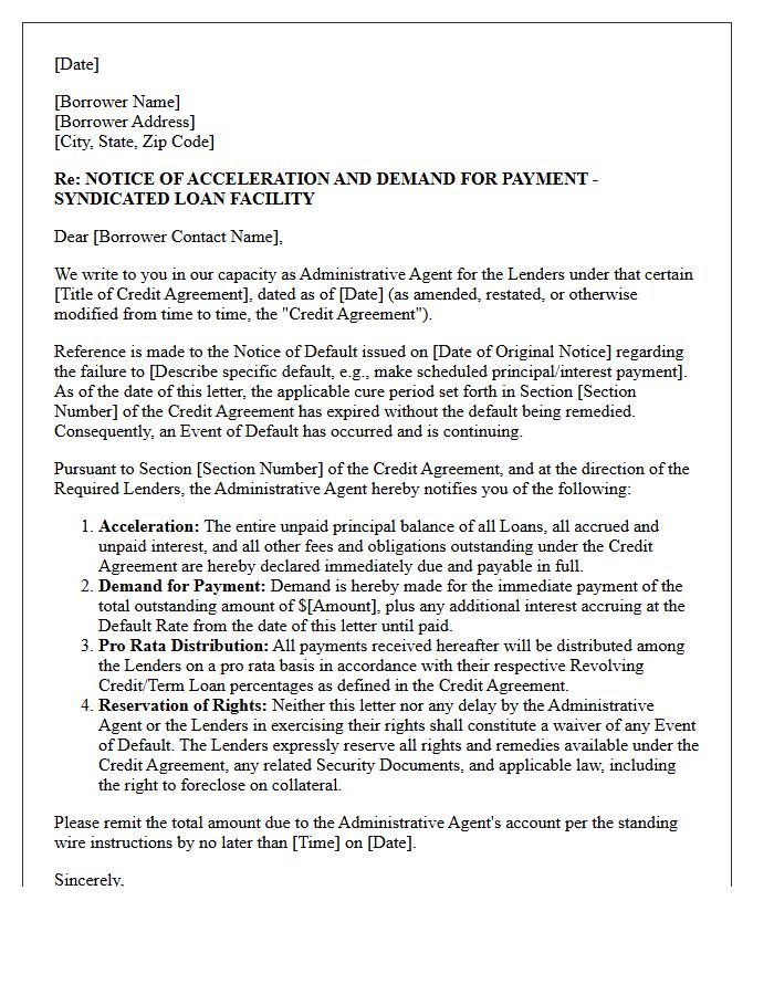 Post-Cure Period Demand Letter for Syndicated Loan Pro Rata Default