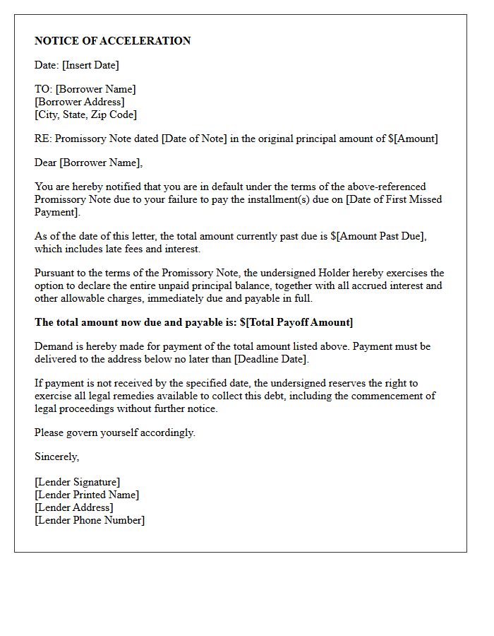Acceleration Notice Letter for Promissory Note Default