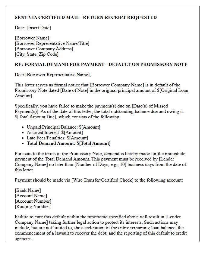 Corporate Loan Demand Letter for Promissory Note Default