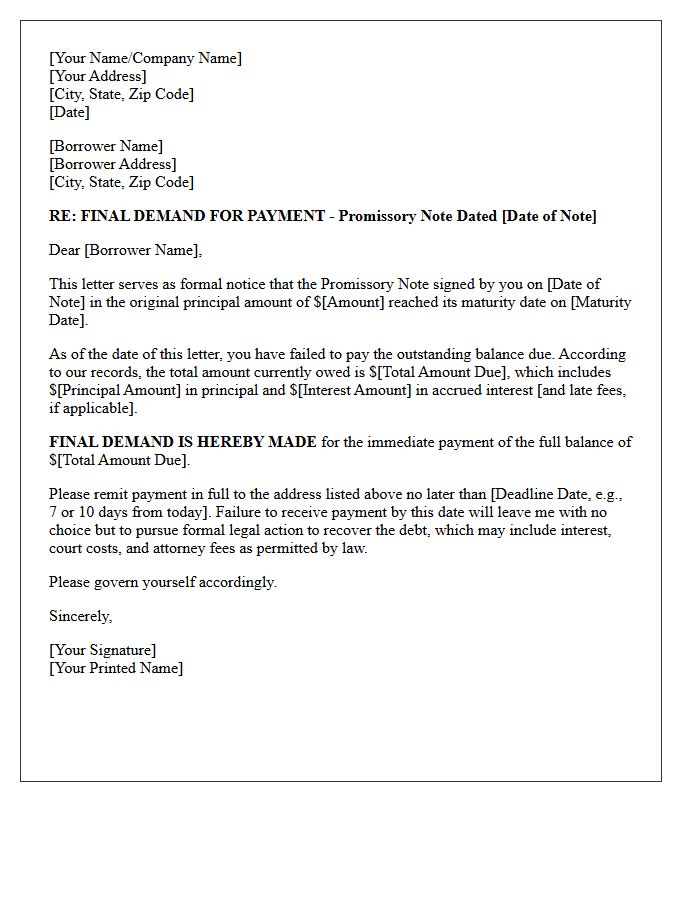 Final Demand Letter for Promissory Note Maturity Default