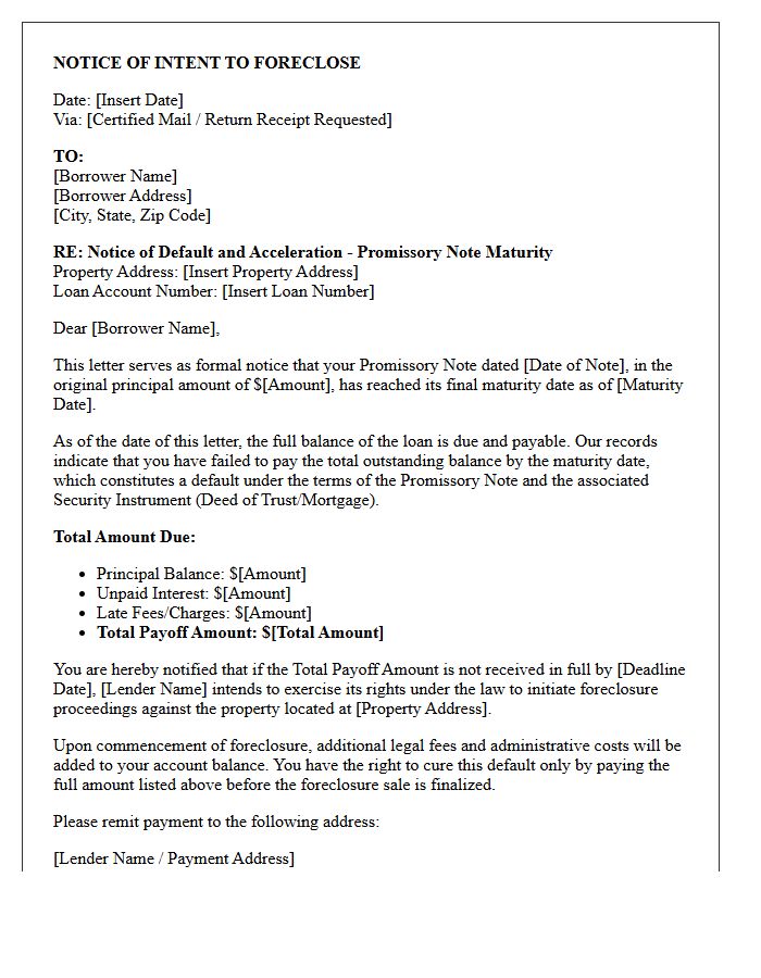 Foreclosure Intent Letter for Promissory Note Maturity Default