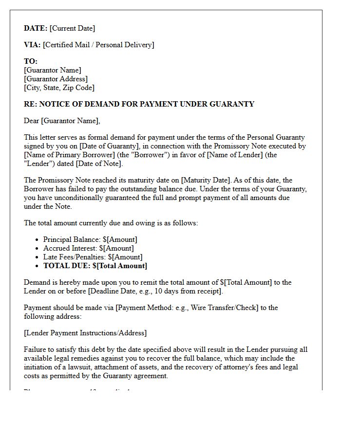 Guarantor Demand Letter for Promissory Note Maturity Default