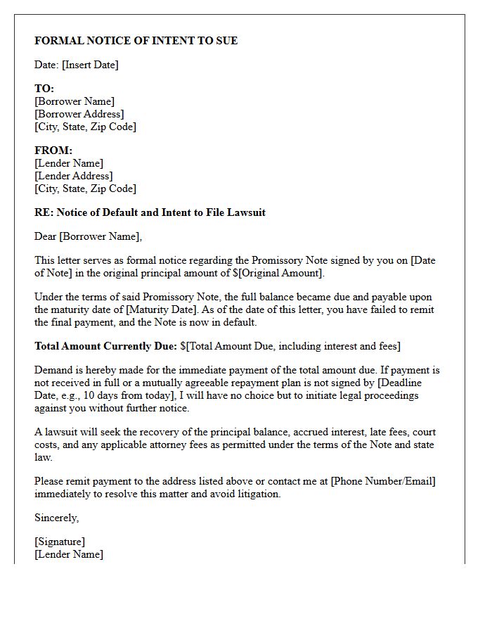 Intent to Sue Letter for Promissory Note Maturity Default