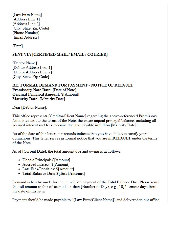 Legal Counsel Demand Letter for Promissory Note Maturity Default