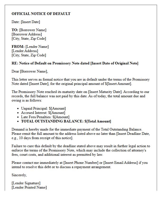 Official Notice of Default Letter for Promissory Note Maturity