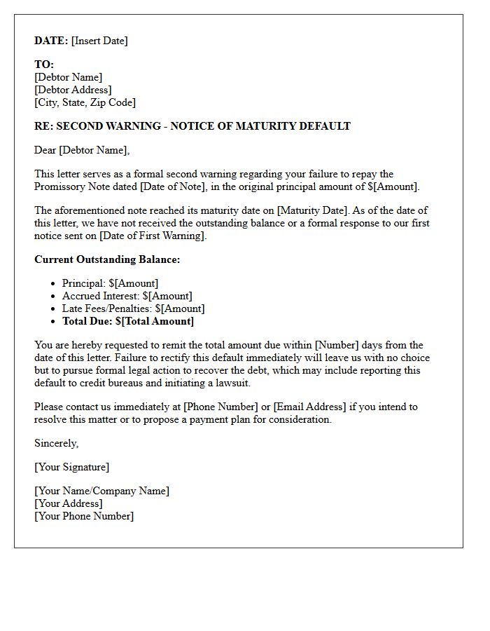 Second Warning Letter for Promissory Note Maturity Default