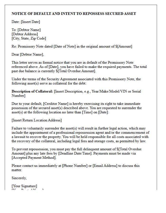 Secured Asset Repossession Letter for Promissory Note Default
