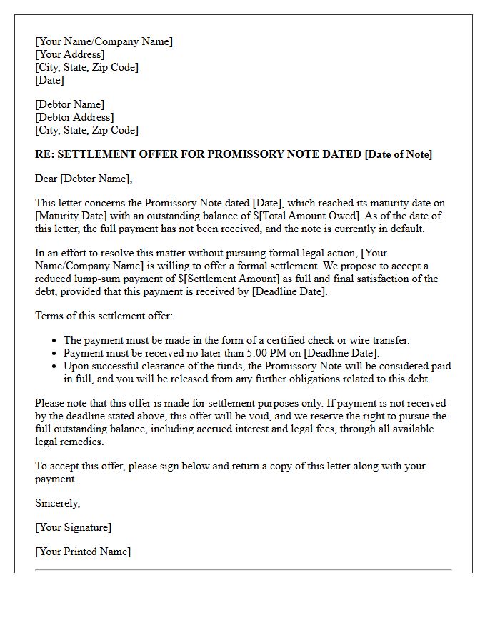 Settlement Offer Letter for Promissory Note Maturity Default