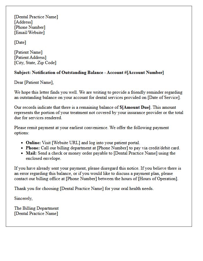 Dental Billing Department Initial Outstanding Balance Letter