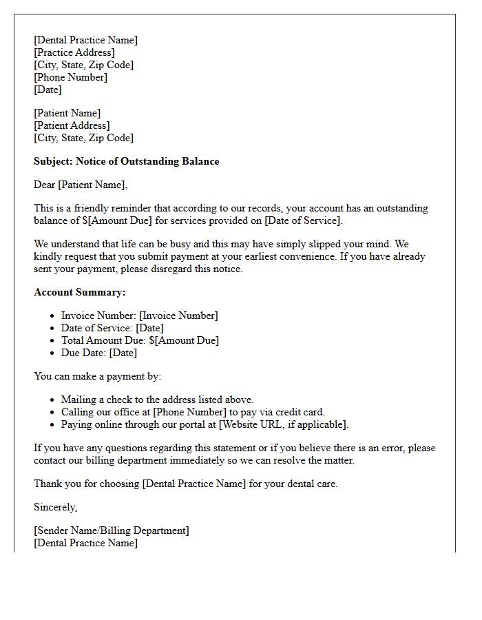First Notice Of Unpaid Dental Bill Letter