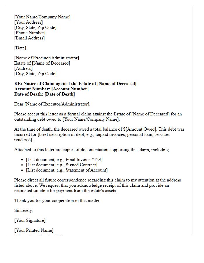 Creditor Claim Letter Against Deceased Customer Estate