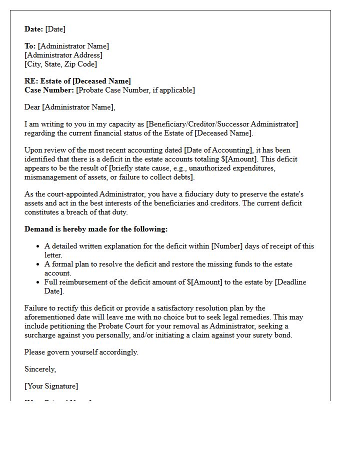 Estate Administrator Deficit Resolution Demand Letter