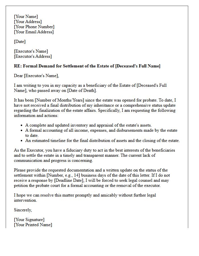 Estate Settlement Demand Letter to Executor