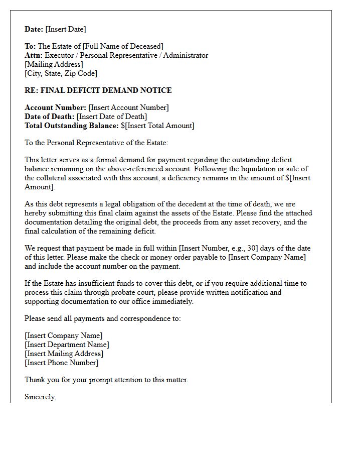 Final Deficit Demand Letter for Deceased Debtor