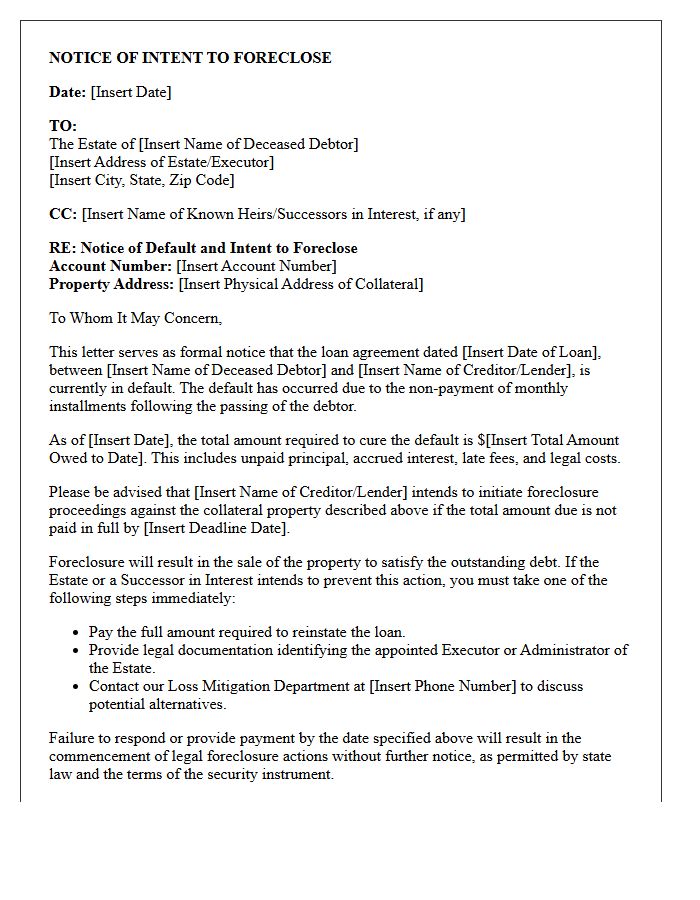 Intent to Foreclose on Deceased Debtor Collateral Letter