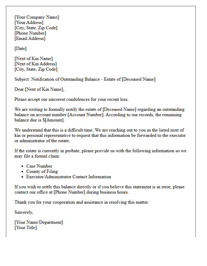 Next of Kin Outstanding Balance Notification Letter