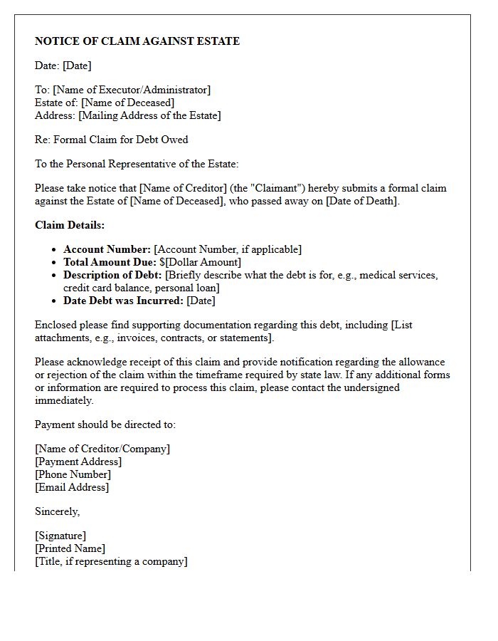 Notice of Creditor Claim Against Estate Letter