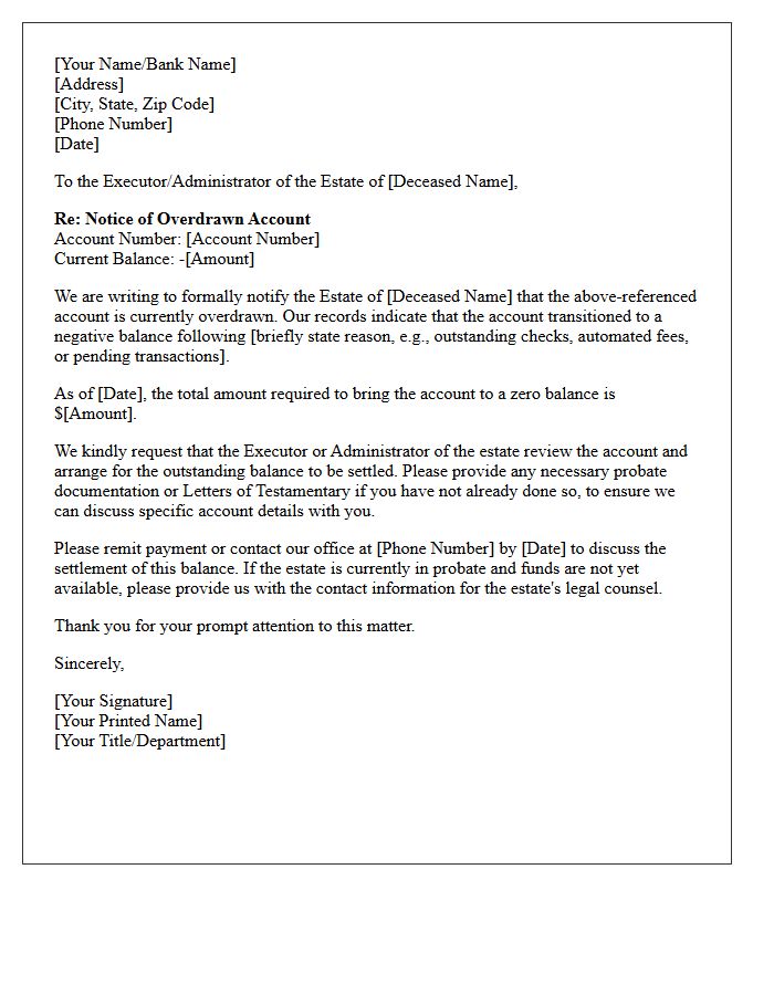 Overdrawn Account Notice Letter to Estate