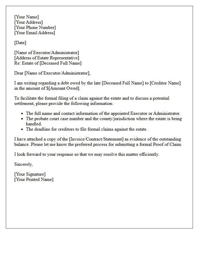 Probate Information Request Letter for Debt Settlement
